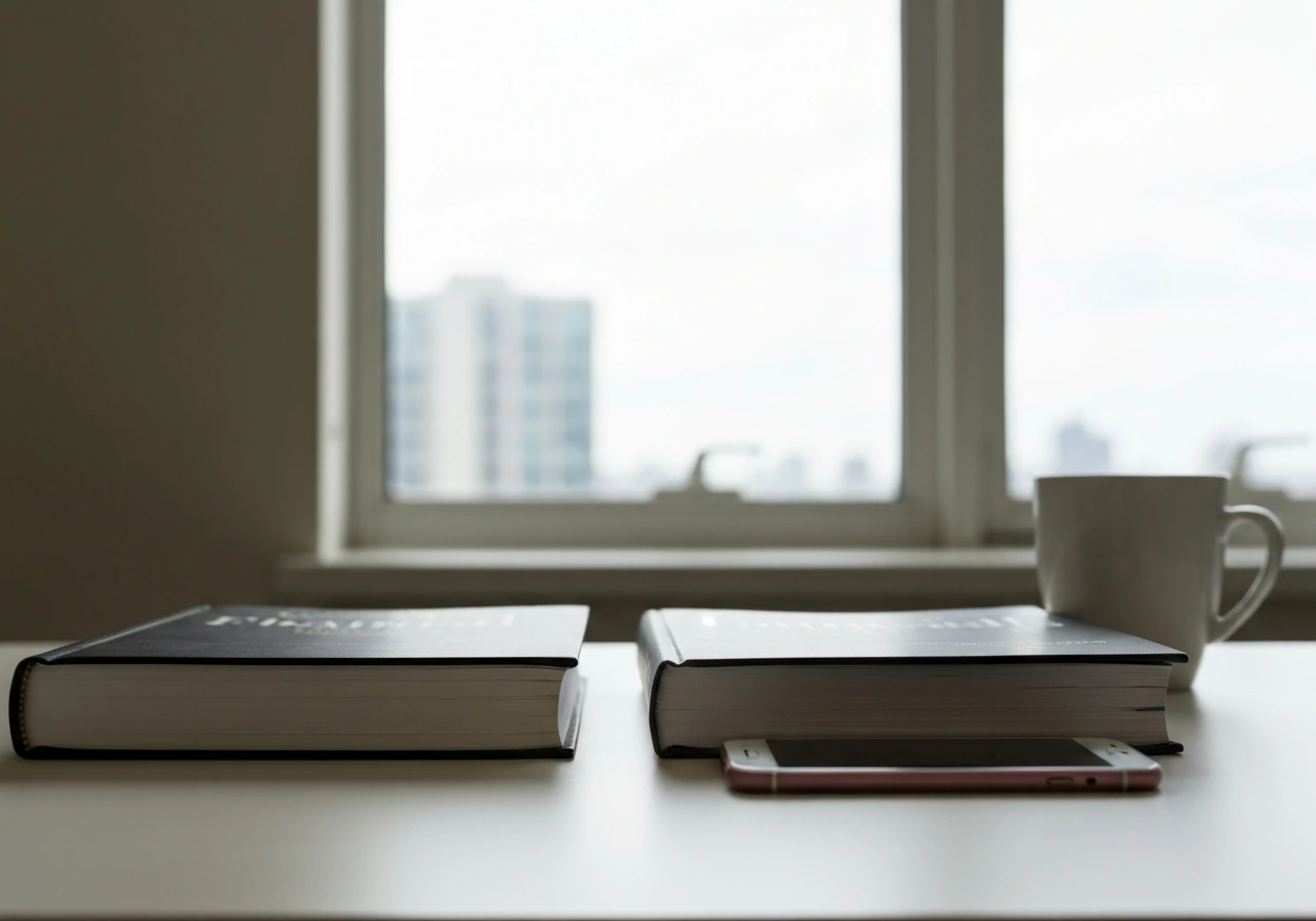 Minimal desk scene with two finance books side-by-side suggesting conflicting net worth sources.