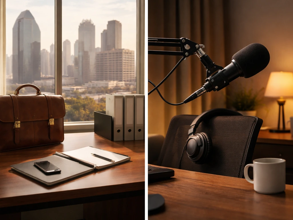 Side-by-side anonymous business and media studio desk scenes symbolizing two different Vince Schott identities.