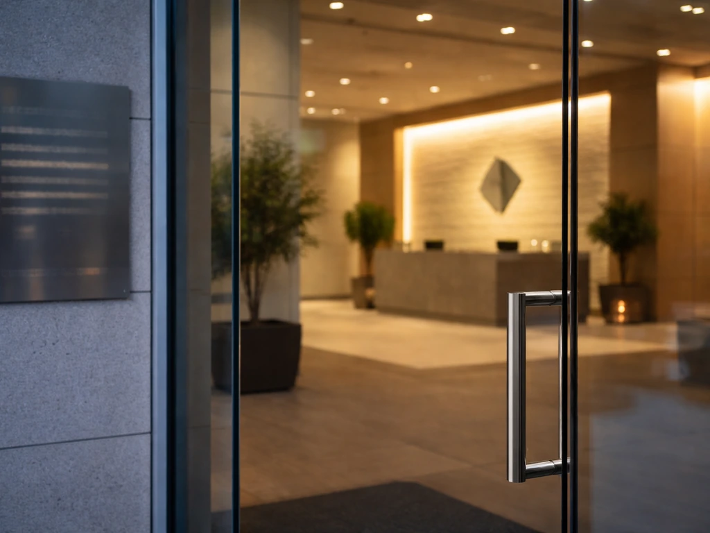 Minimal photo of a Dallas office entrance with blurred corporate signage suggesting an investment firm.