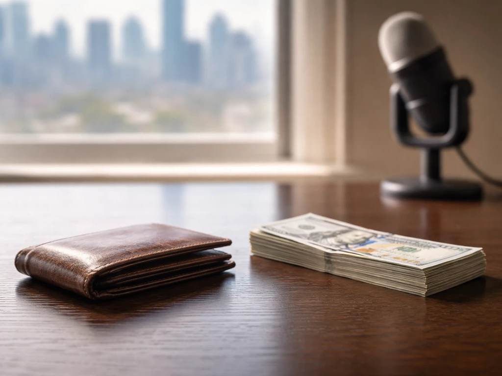 Wallet and cash on a desk with blurred city skyline and an out-of-focus microphone in natural light.