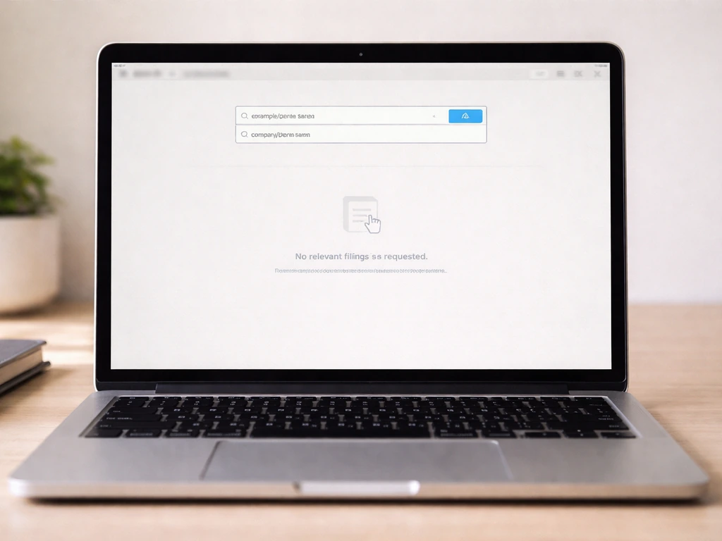 Laptop screen with an SEC EDGAR-style search showing empty results in a quiet office desk setup.
