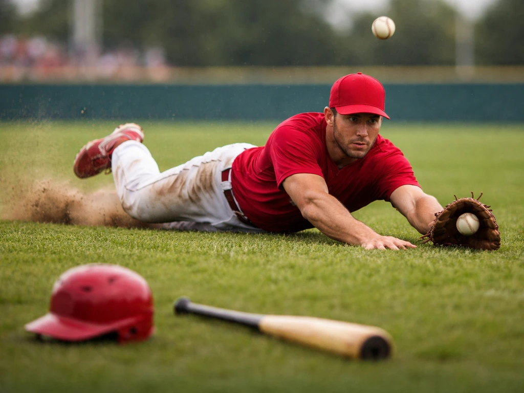 MLB infielder in a Cardinals-style uniform sliding on grass during a game, stadium lights in the background