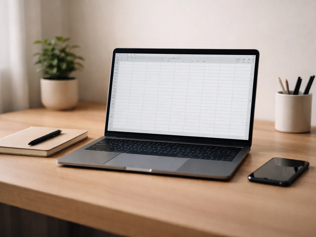 Minimal desk scene with a laptop showing a generic spreadsheet-style layout for net-worth verification.
