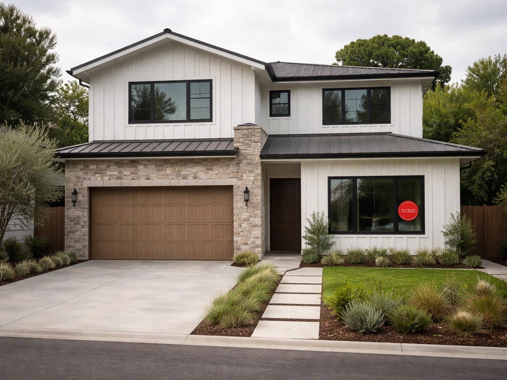 Modern house exterior with a generic sold-style badge on the window.