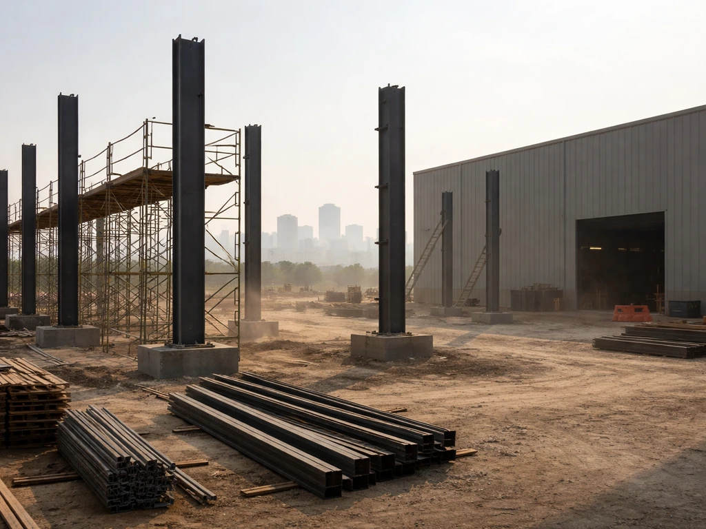 Industrial construction scene with steel beams and a distant Little Rock skyline, symbolic business presence