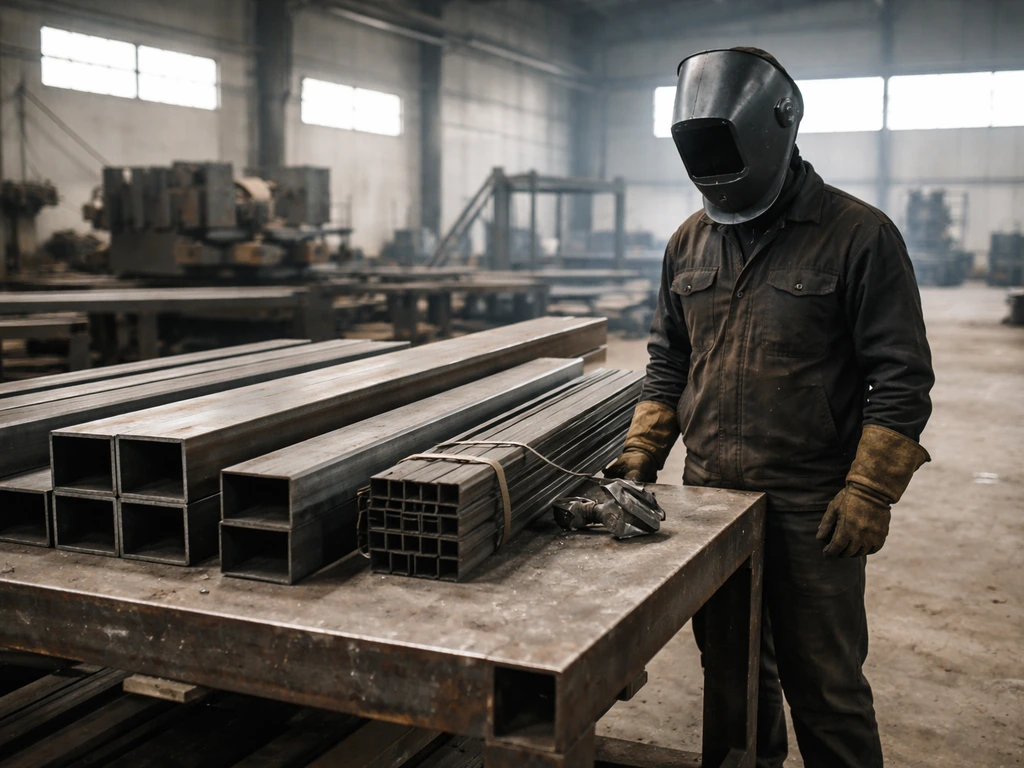 Anonymous welder beside steel beams and fabrication machinery in a quiet industrial workshop.