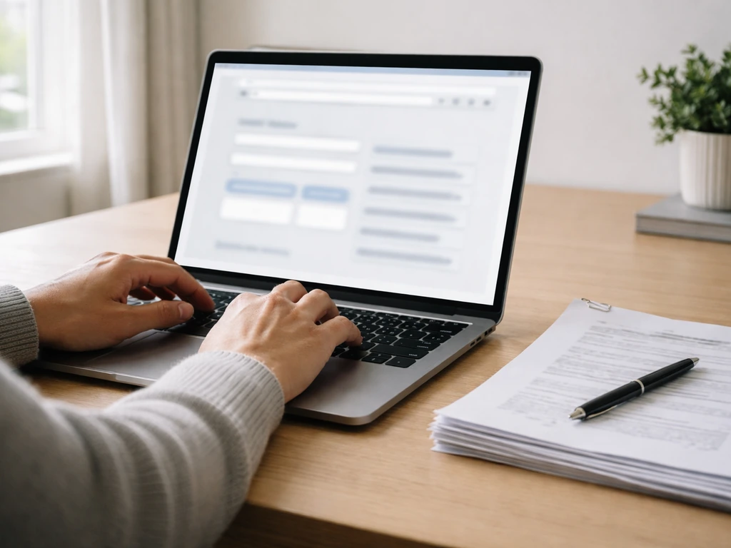 Close-up of a laptop showing public-records search workflow with office papers and a pen