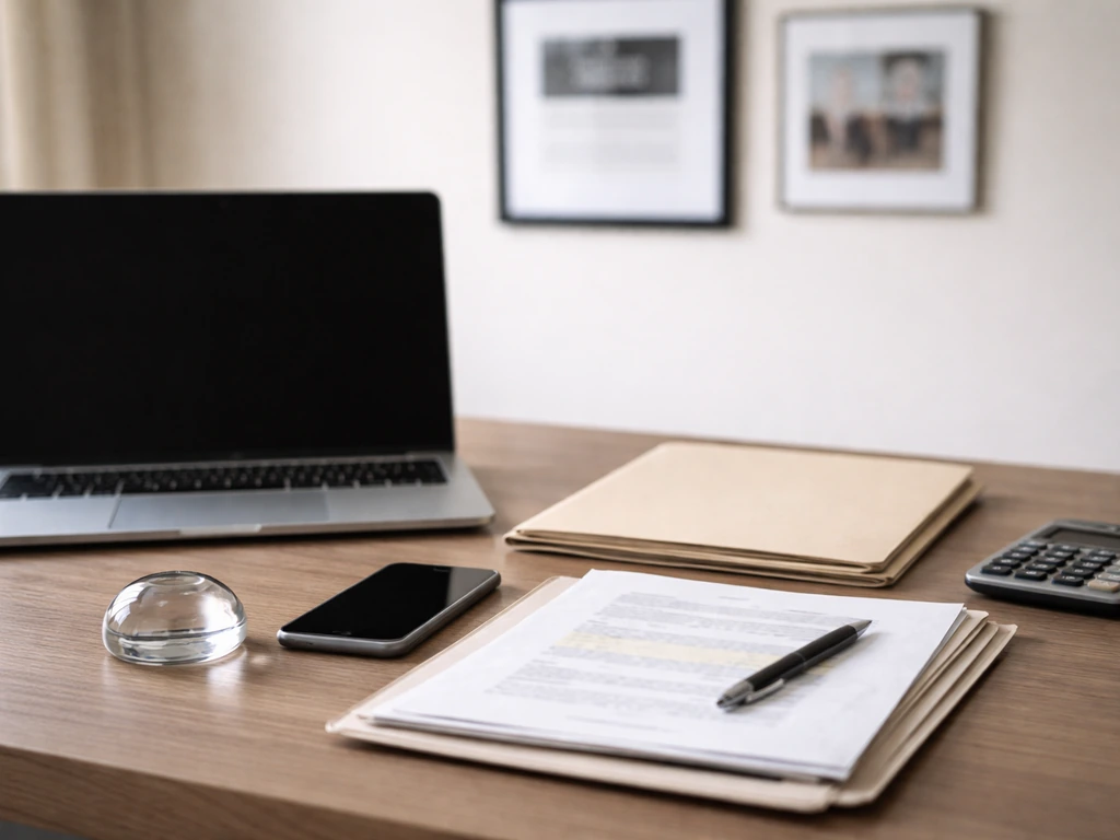 Anonymous business desk with documents and phone, symbolizing checking public records for net worth verification.