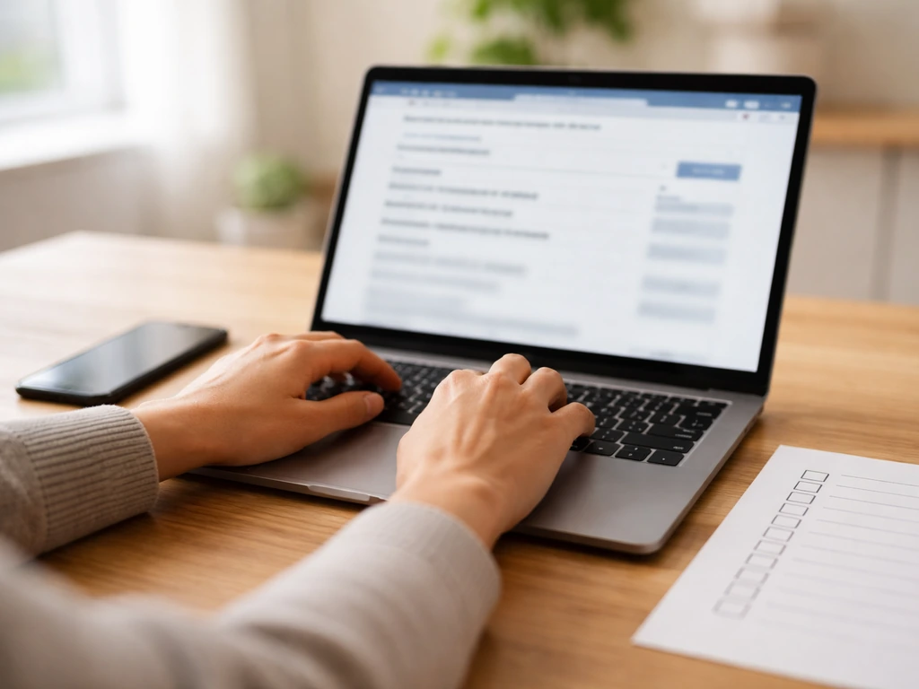 Hands searching a blurred online Massachusetts business registry on a laptop during due diligence.