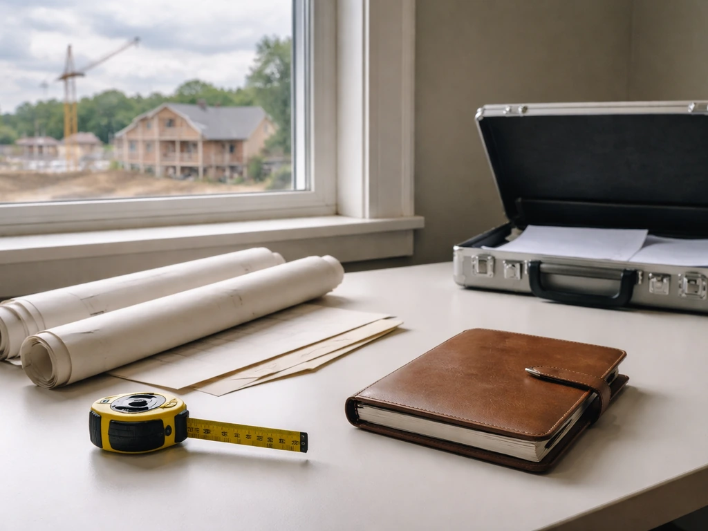 Desk with construction planning items and a quiet Boston home build site outside the window.