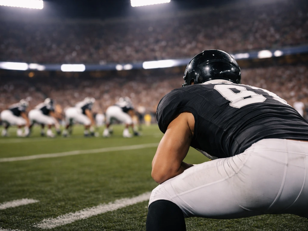 NFL game atmosphere with an anonymous football field scene symbolizing a professional offensive tackle