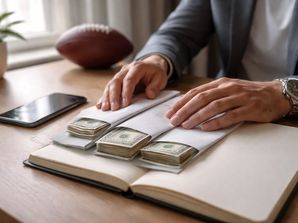 Anonymous hands arranging cash envelopes and a smartphone on a simple desk with a football blurred behind.