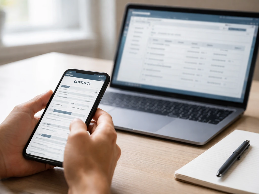 Hand using smartphone to check an online contract page and filters in a quiet home workspace