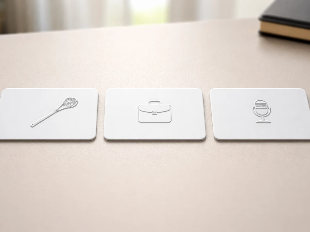 Three blank identity cards laid out side-by-side with different profession icons, signaling multiple people named Tom Sc