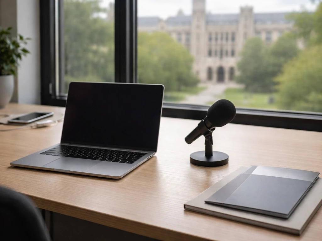 Minimal office desk with microphone and laptop, with a blurred university campus view through a window.