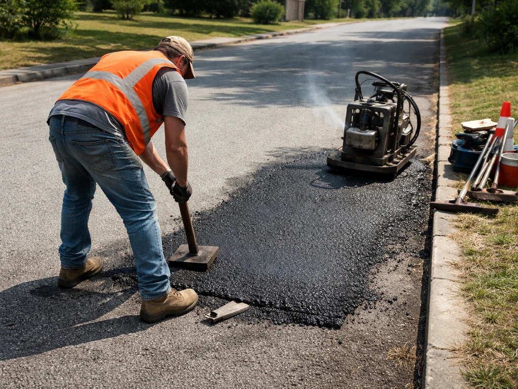Close-up of a person working with asphalt repair tools on a freshly resurfaced road in daylight.