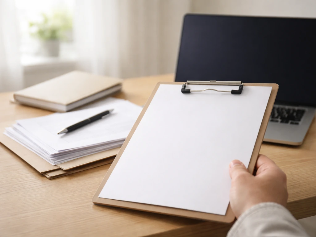 Hand holding a clipboard with a simple due-diligence checklist beside papers and a laptop, no text visible.