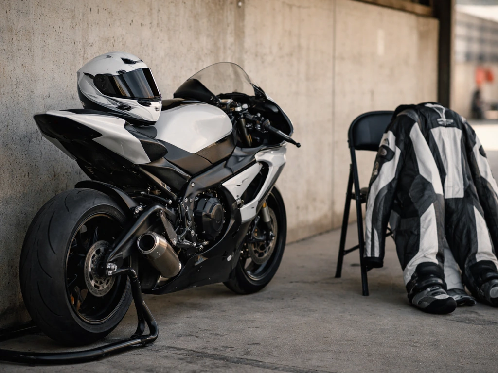 MotoAmerica-style paddock scene with a parked racing motorcycle and helmet, suggesting the right professional racer cont