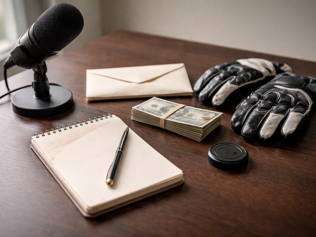 Minimal desk scene with microphone, envelope, rubber-banded cash, and generic racing gloves.