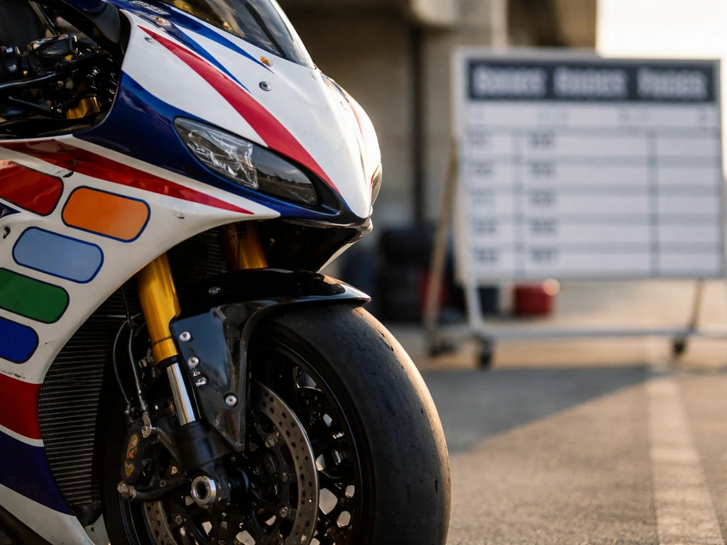Close-up of Moto-style race fairing and tire with contingency-themed details, signaling prize-money from top finishes