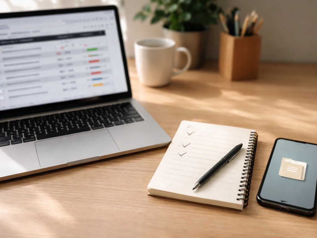 Minimal desk scene with a laptop showing a results page, a notebook with checkmarks, and a phone for receipts.