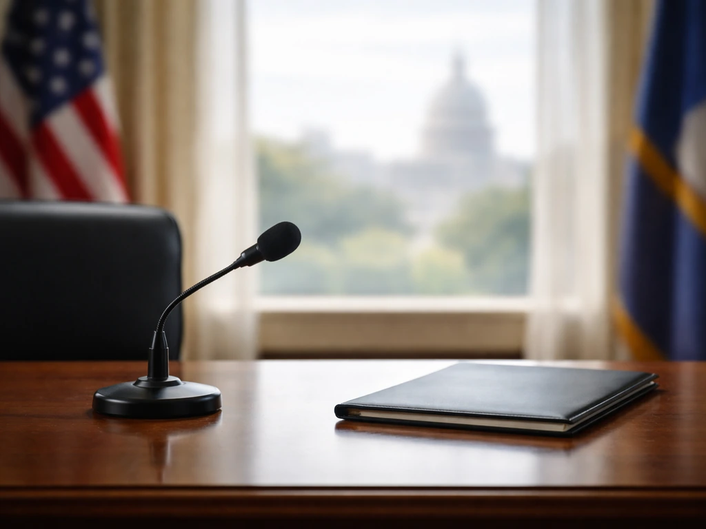 Diplomatic office desk with microphones and a blurred city skyline outside the window, symbolizing public affairs