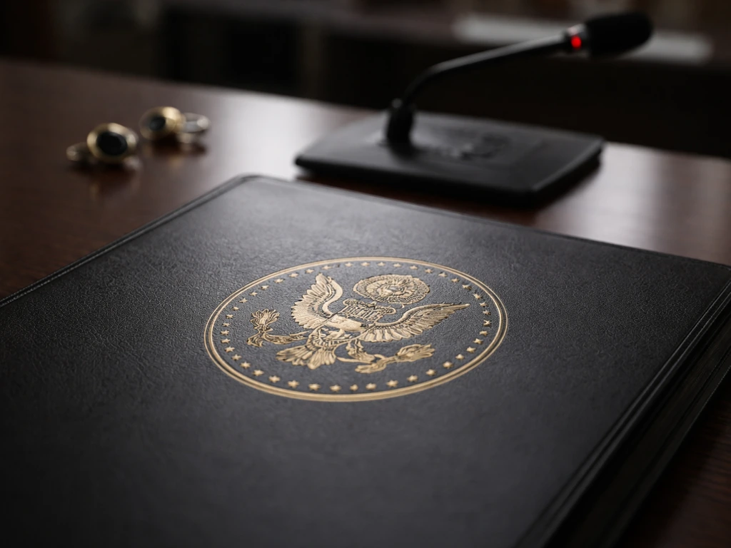 Embossed official seal on a desk with cufflinks and a conference microphone, symbolizing public affairs protocol.
