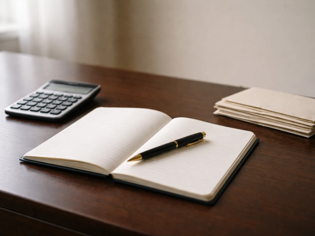 Minimal photo of an open notebook with a pen and neatly stacked envelopes beside a calculator, symbolizing assets and li