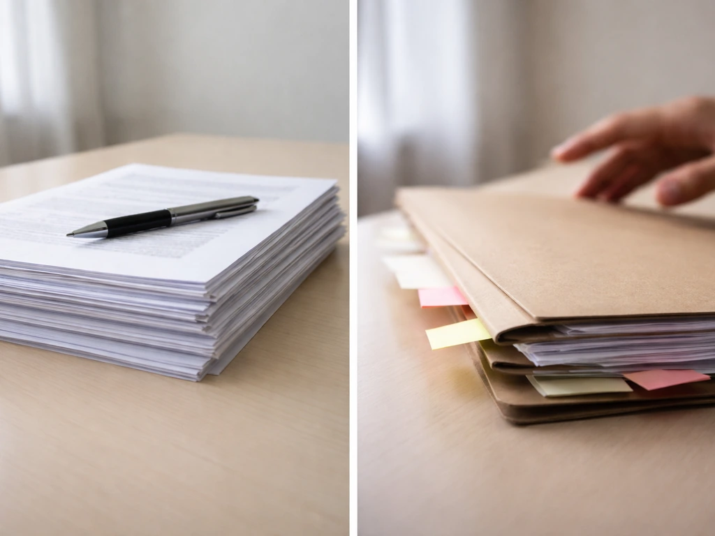 Split-screen style photo showing documents in one hand and a blurred folder in the other, representing confirmed vs spec