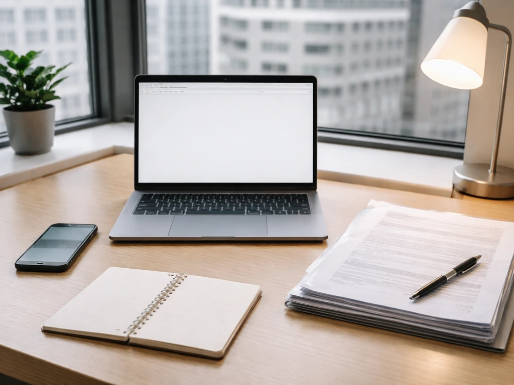 Minimal office desk with laptop, paperwork, and smartphone suggesting verifying public finance records