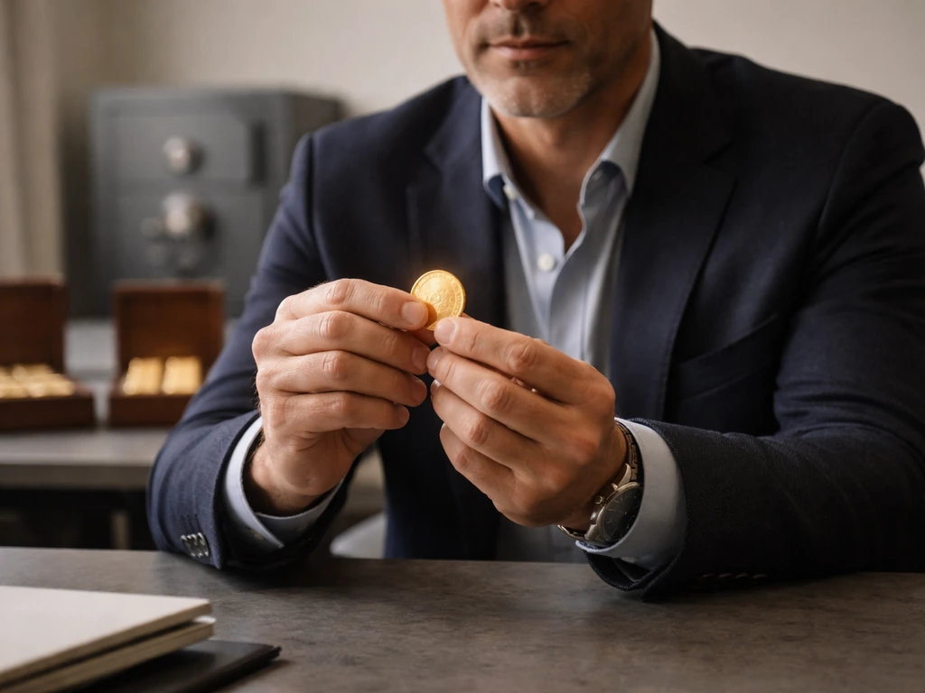 Anonymous man in a dark blazer holds a gold coin in a quiet office with blurred safe in the background.