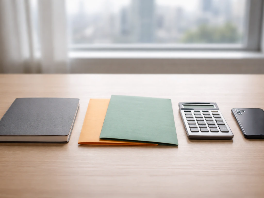 Minimal office desk with calculator and folders arranged as an implied net-worth comparison, no text.