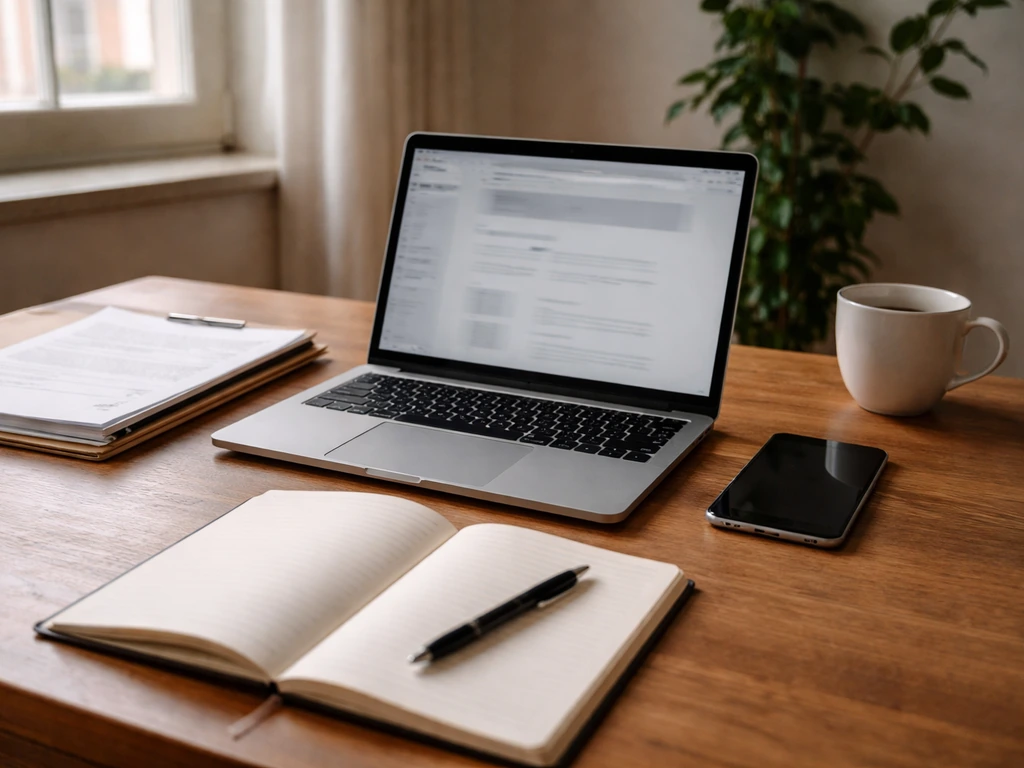 Minimal desk scene with laptop, phone, and blank notebook suggesting a personal verification workflow.