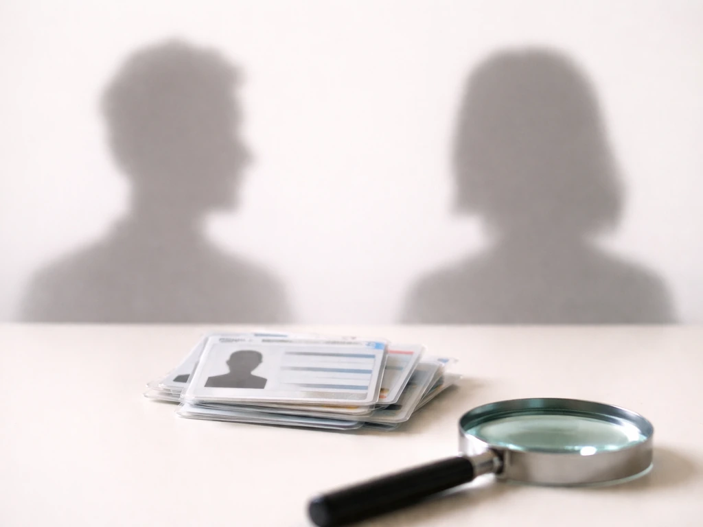 Two abstract identity silhouettes side-by-side with a magnifying glass on a desk for disambiguation.