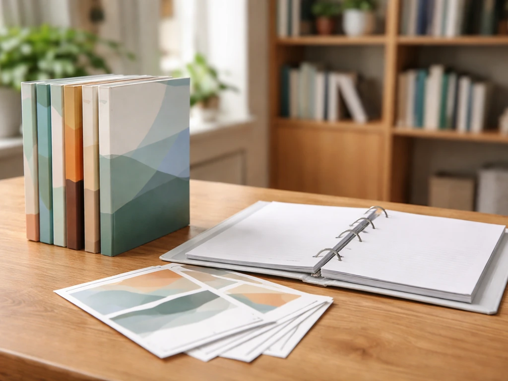 Stack of books and training materials on a wooden desk in a quiet home office