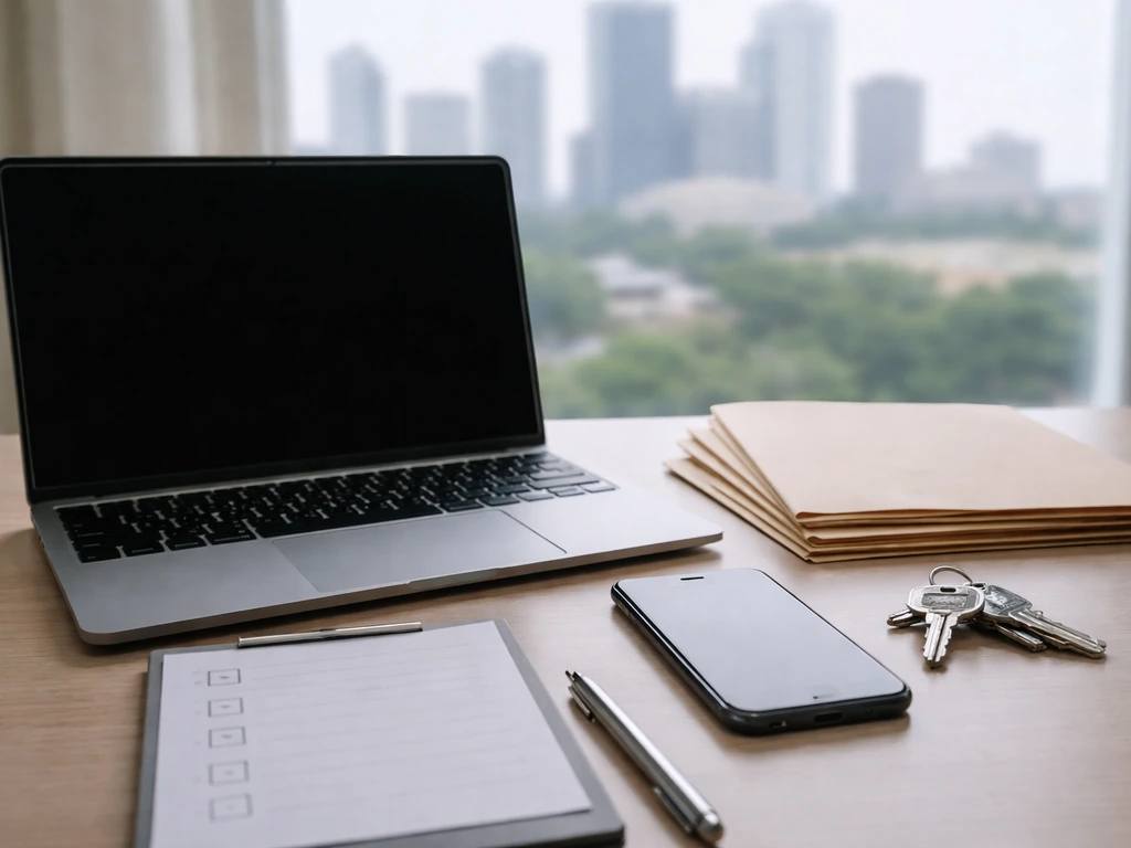 Desk scene with laptop, empty checklist, folders, phone, and house keys for public-record verification steps.
