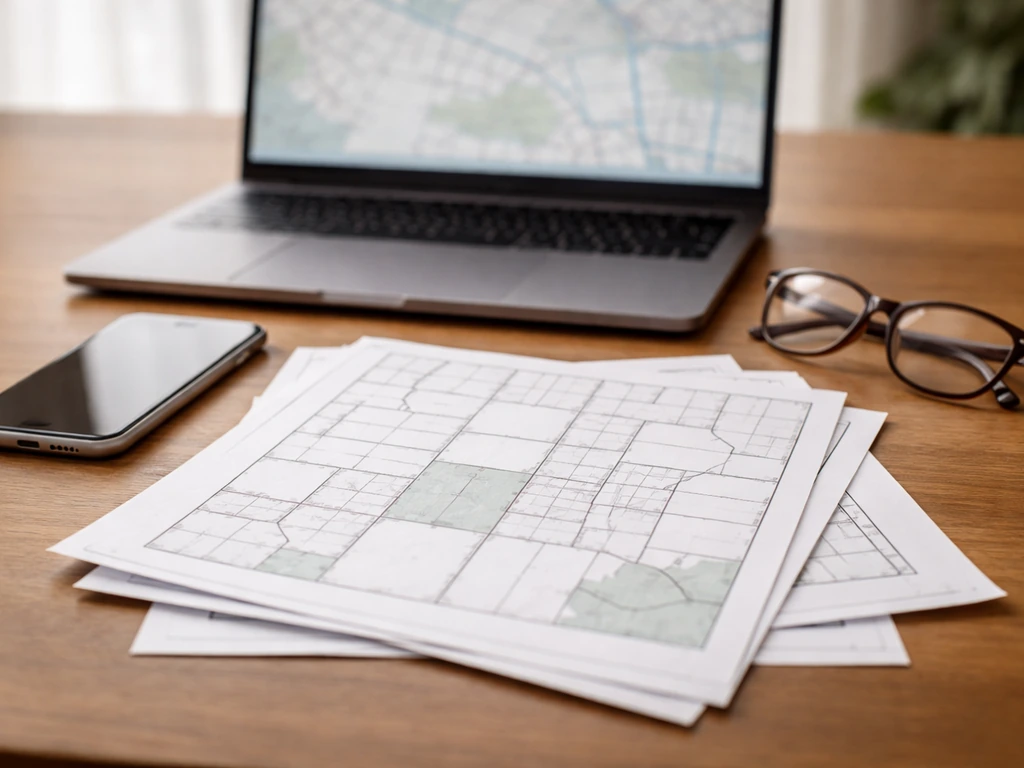 Minimal office scene with printed parcel record sheets and a map-like aerial view showing land parcels.