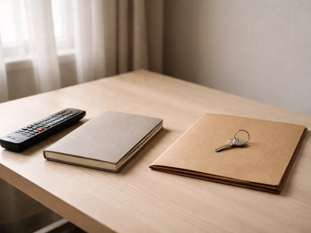 Minimal desk scene with a TV remote, notebook, and folder suggesting income and asset channels to verify