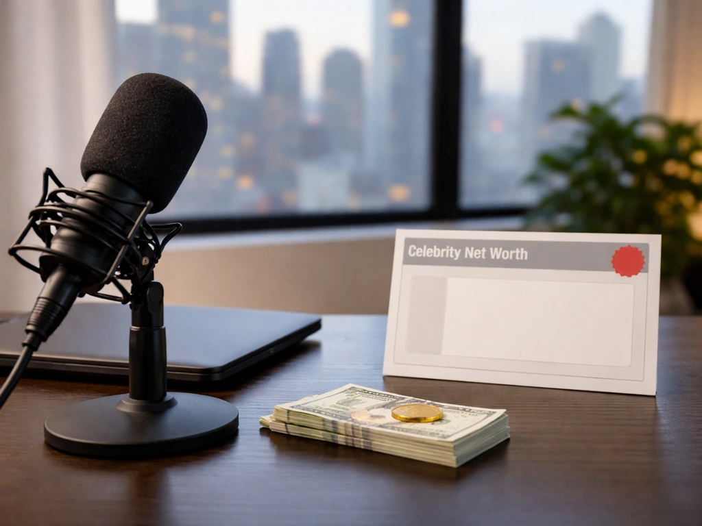 Anonymous podcast desk with microphone, cash, coin, and a blank estimate-style card suggesting a net worth figure.