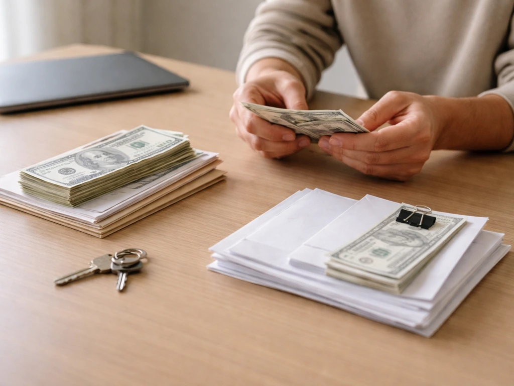 Hands on a desk with money and blank envelopes, symbolizing assets vs liabilities.