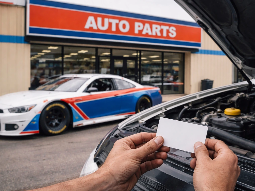 Auto parts storefront with a race car and blank parts packaging near an open hood for verification context.