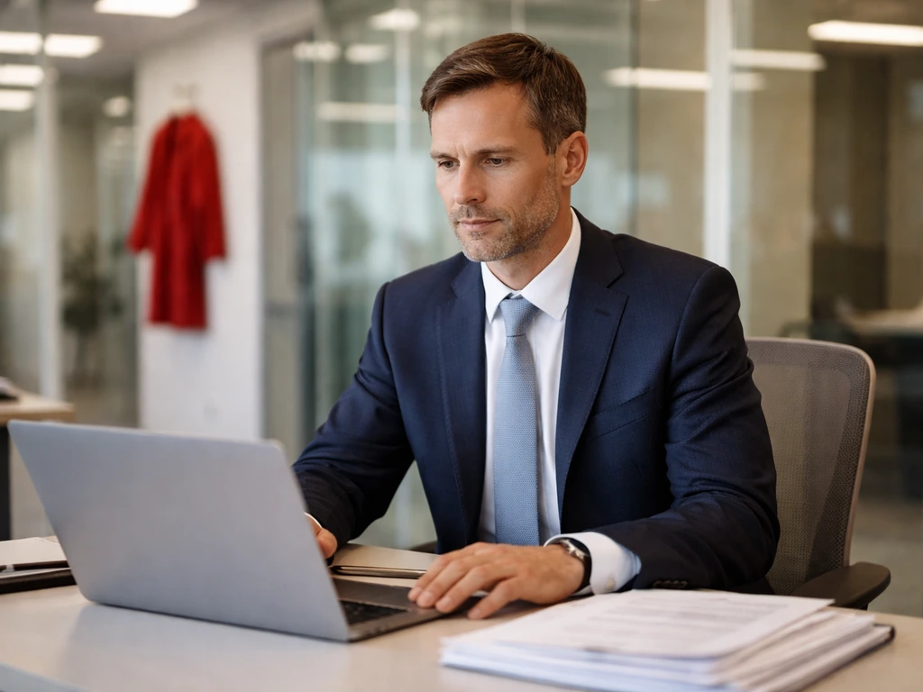 Anonymous finance executive in a corporate office desk scene, minimal and realistic.