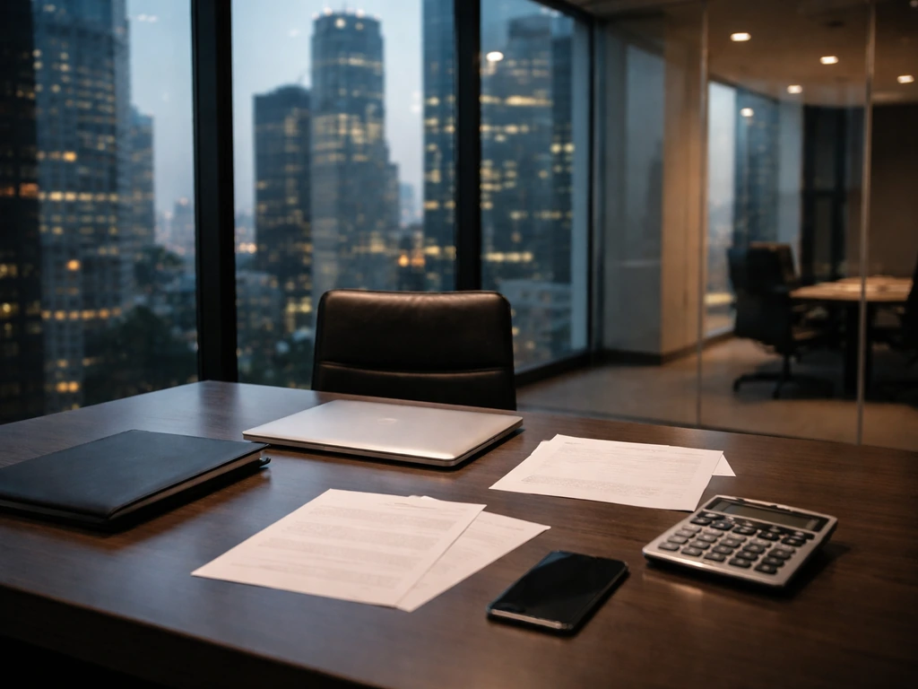 Minimal corporate desk with office documents and city view, symbolizing finance career growth and income sources.