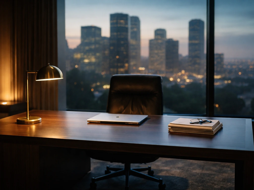 Empty executive office with sleek desk and soft-focus city view, symbolizing Google leadership era.
