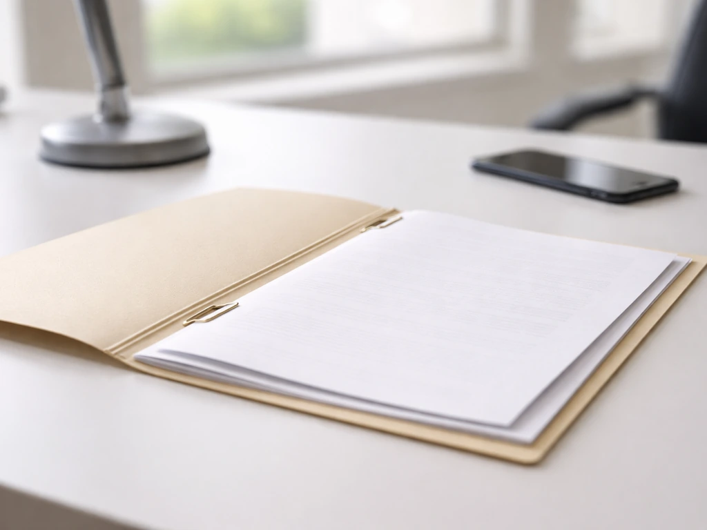 Close-up of an open corporate filing folder beside a smartphone and scattered office documents