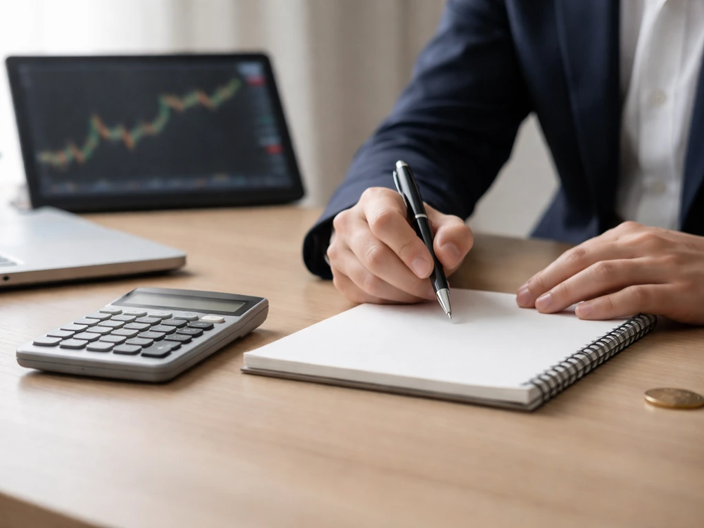 Minimal desk scene with calculator, notepad, and a tablet showing muted finance visuals, suggesting stock-math checks.