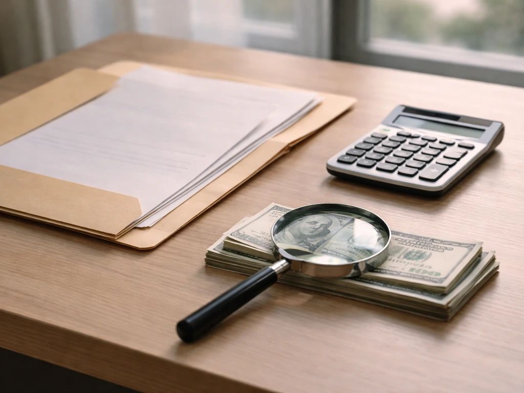 Magnifying glass over blank financial documents and cash on a desk, symbolizing net worth verification.