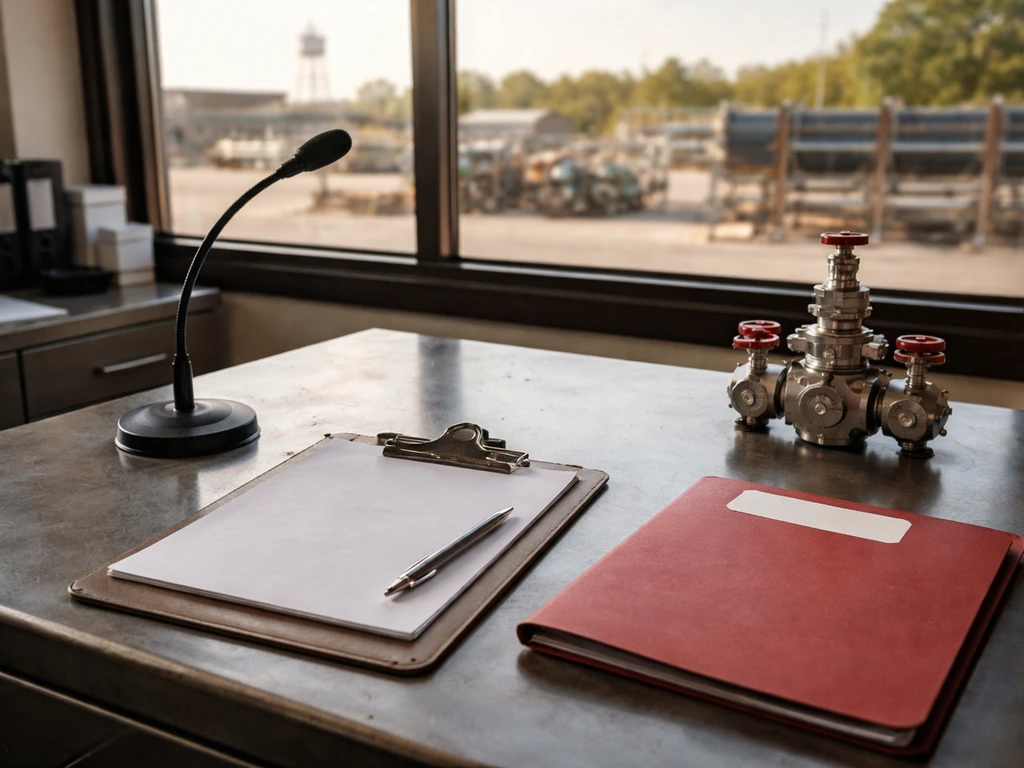 Minimal industrial office with valve hardware and an Oklahoma yard visible through a window
