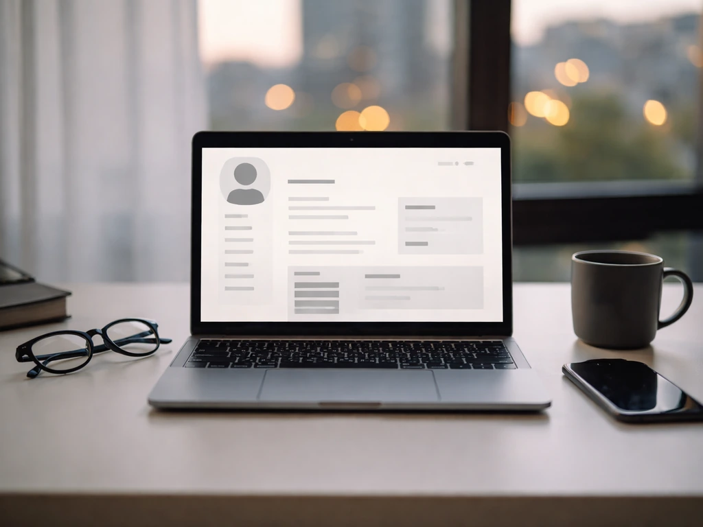 Minimal photo of a modern desk with a laptop showing a generic business profile page and blurred city lights.