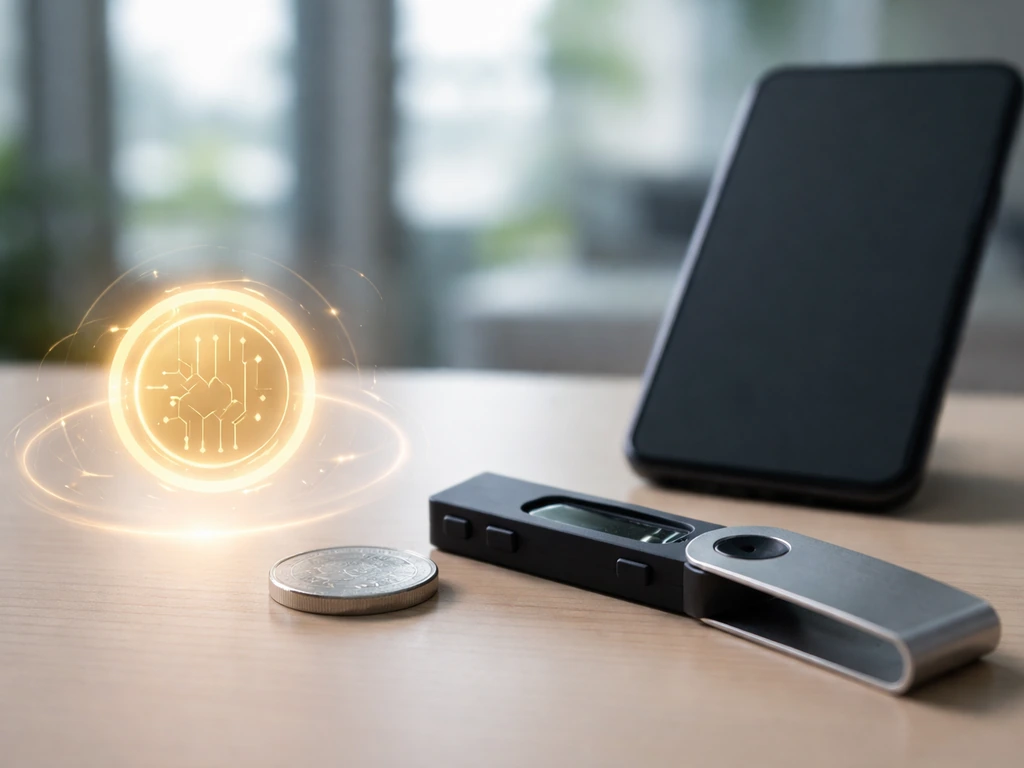 Minimal desk scene with a hardware crypto wallet and abstract glowing token/ledger concept suggesting holdings.